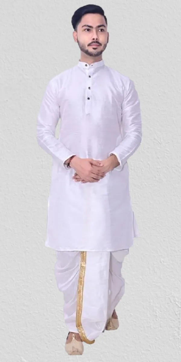 White_Dupion_Silk_Fancy_Dhoti_Kurta_Set_For_Men