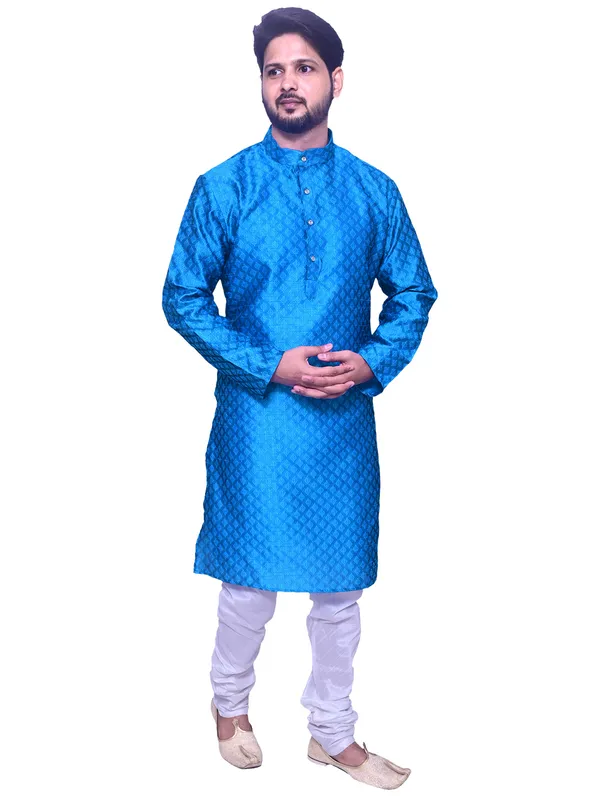Men's_Brocade_Jacquard_Blue_Kurta_White_Churidar_Pajama_Set_for_Wedding