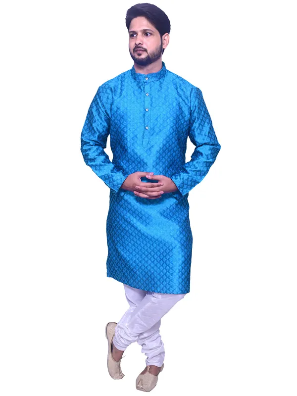 Men's_Brocade_Jacquard_Blue_Kurta_White_Churidar_Pajama_Set_for_Wedding
