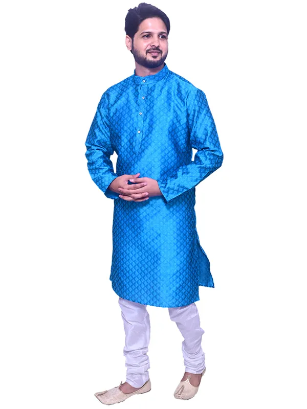 Men's_Brocade_Jacquard_Blue_Kurta_White_Churidar_Pajama_Set_for_Wedding