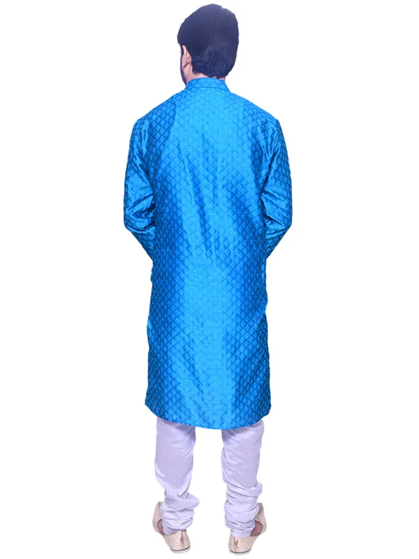 Men's_Brocade_Jacquard_Blue_Kurta_White_Churidar_Pajama_Set_for_Wedding