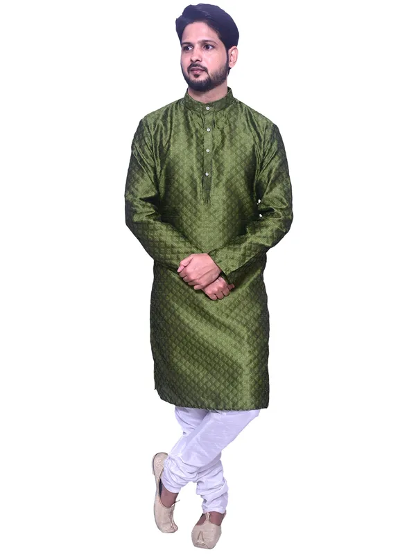 Men's_Brocade_Jacquard_Green_Kurta_White_Churidar_Pajama_Set_for_Wedding