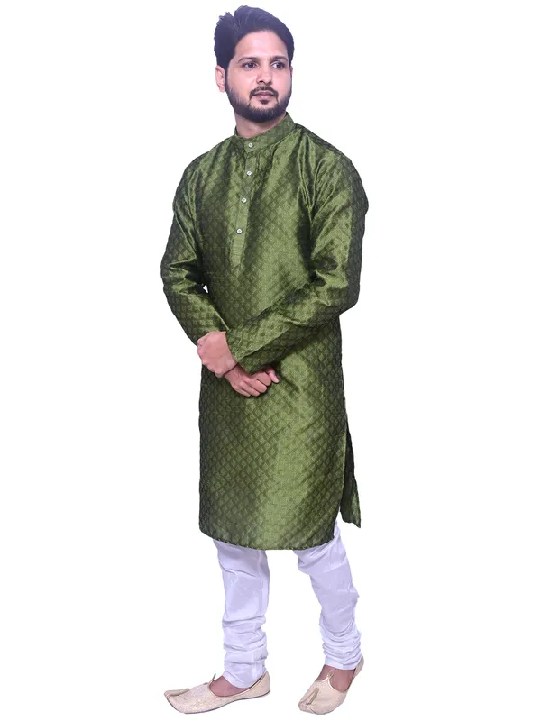 Men's_Brocade_Jacquard_Green_Kurta_White_Churidar_Pajama_Set_for_Wedding