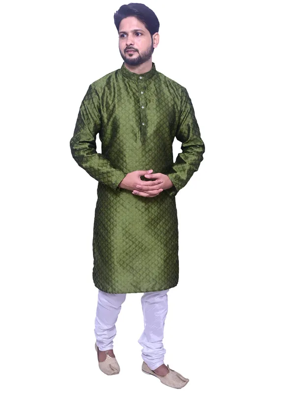 Men's_Brocade_Jacquard_Green_Kurta_White_Churidar_Pajama_Set_for_Wedding