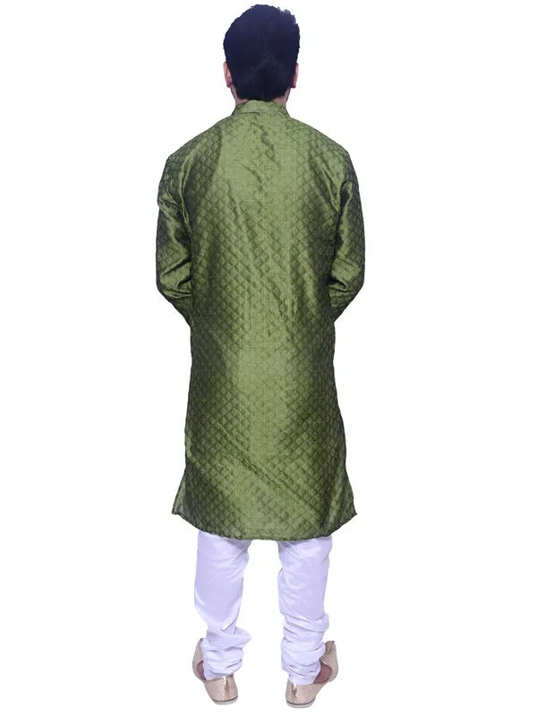 Men's_Brocade_Jacquard_Green_Kurta_White_Churidar_Pajama_Set_for_Wedding