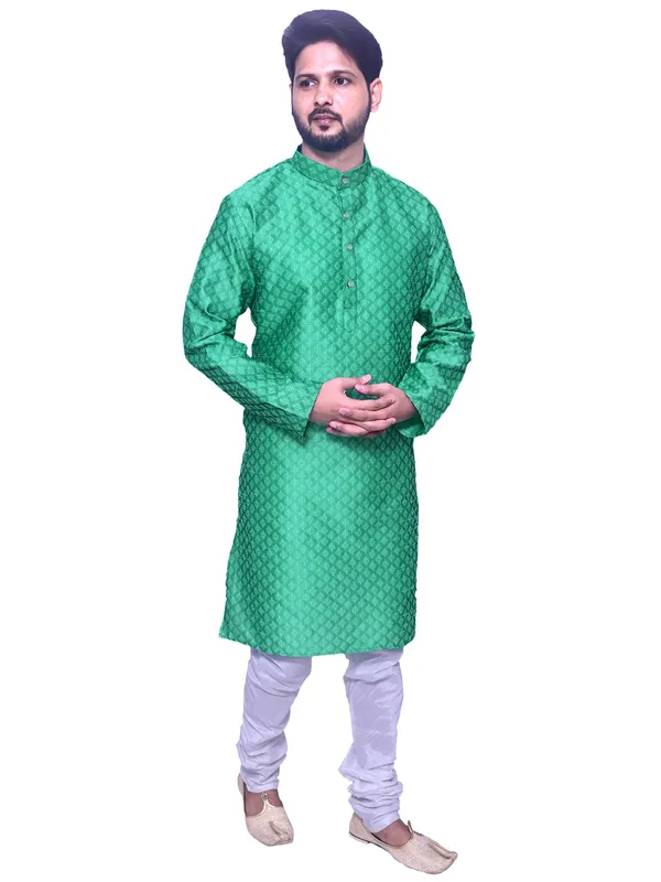 Men's_Brocade_Jacquard_Pastel_Green_Kurta_White_Churidar_Pajama_Set_for_Wedding