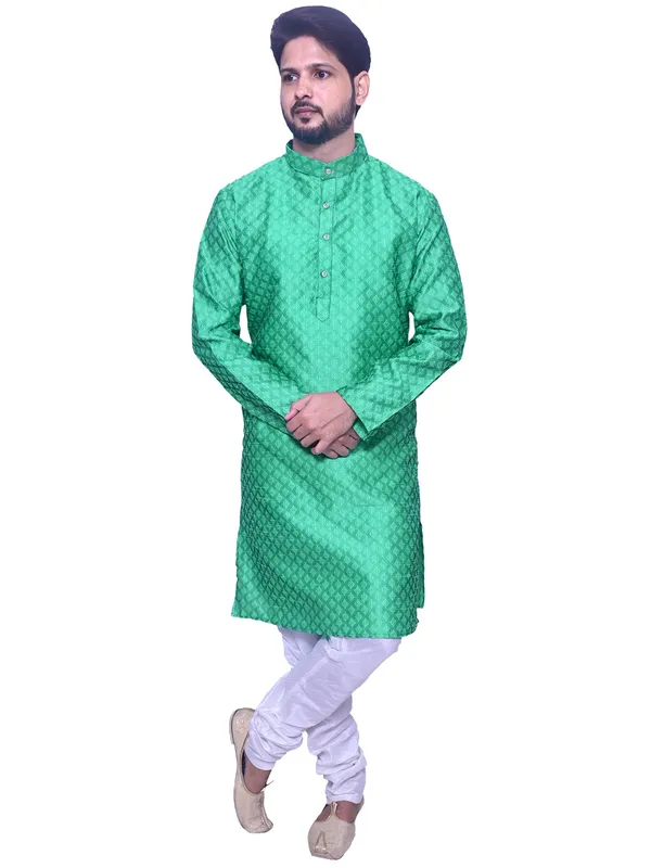 Men's_Brocade_Jacquard_Pastel_Green_Kurta_White_Churidar_Pajama_Set_for_Wedding