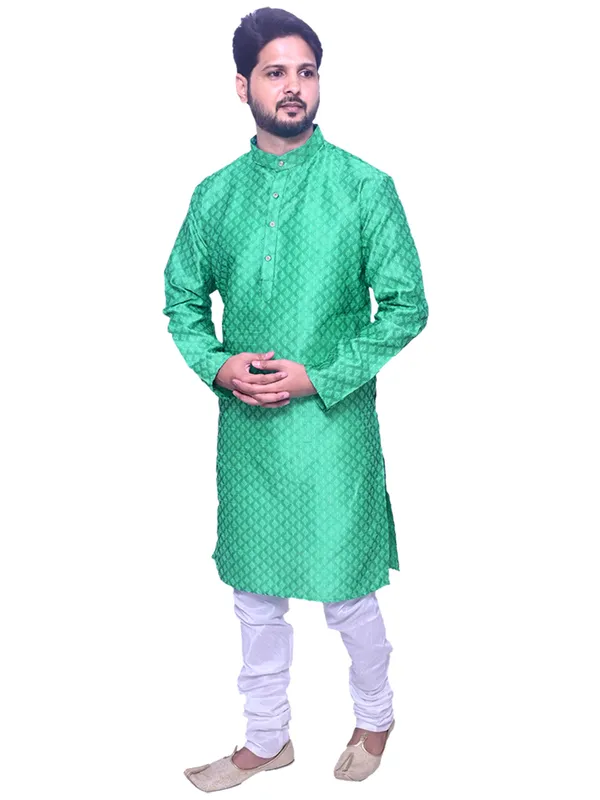 Men's_Brocade_Jacquard_Pastel_Green_Kurta_White_Churidar_Pajama_Set_for_Wedding