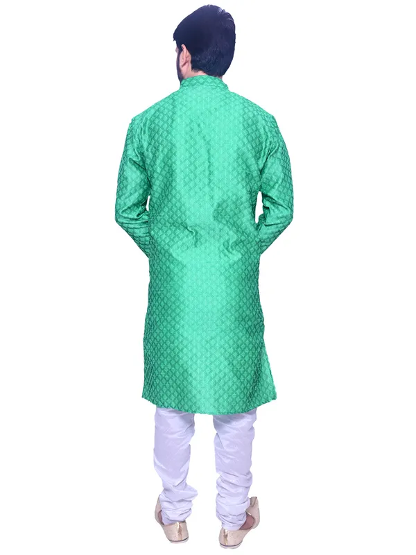 Men's_Brocade_Jacquard_Pastel_Green_Kurta_White_Churidar_Pajama_Set_for_Wedding
