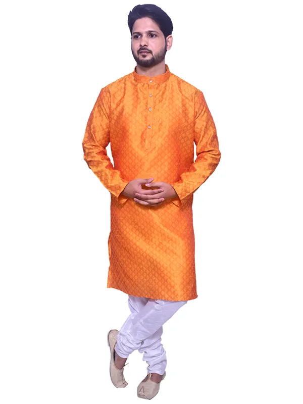 Men's_Brocade_Jacquard_Orange_Kurta_White_Churidar_Pajama_Set_for_Wedding