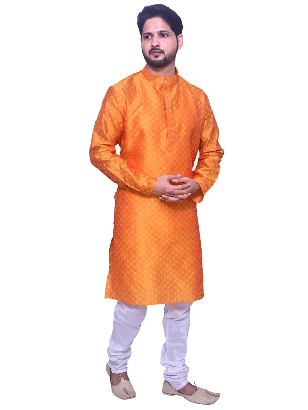 Men's_Brocade_Jacquard_Orange_Kurta_White_Churidar_Pajama_Set_for_Wedding