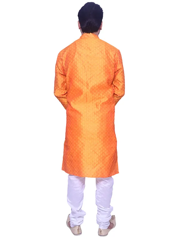 Men's_Brocade_Jacquard_Orange_Kurta_White_Churidar_Pajama_Set_for_Wedding