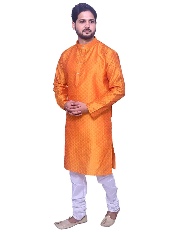 Men's_Brocade_Jacquard_Orange_Kurta_White_Churidar_Pajama_Set_for_Wedding