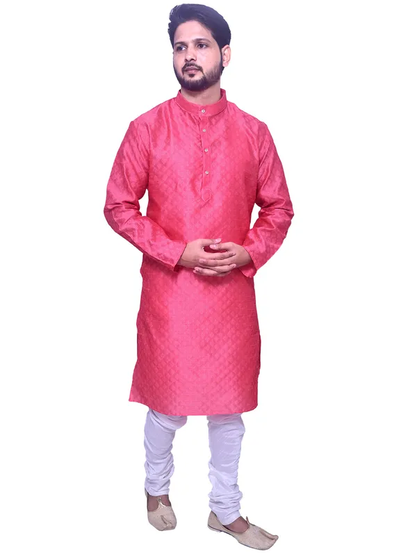 Men's_Brocade_Jacquard_Pink_Kurta_White_Churidar_Pajama_Set_for_Wedding