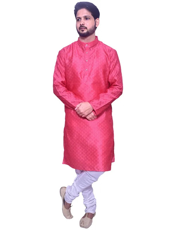Men's_Brocade_Jacquard_Pink_Kurta_White_Churidar_Pajama_Set_for_Wedding