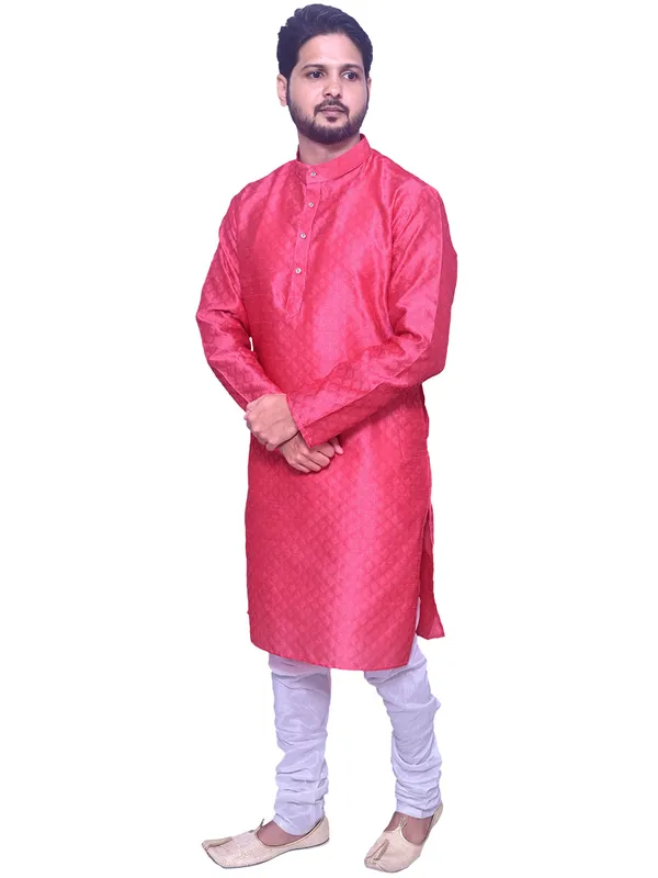 Men's_Brocade_Jacquard_Pink_Kurta_White_Churidar_Pajama_Set_for_Wedding