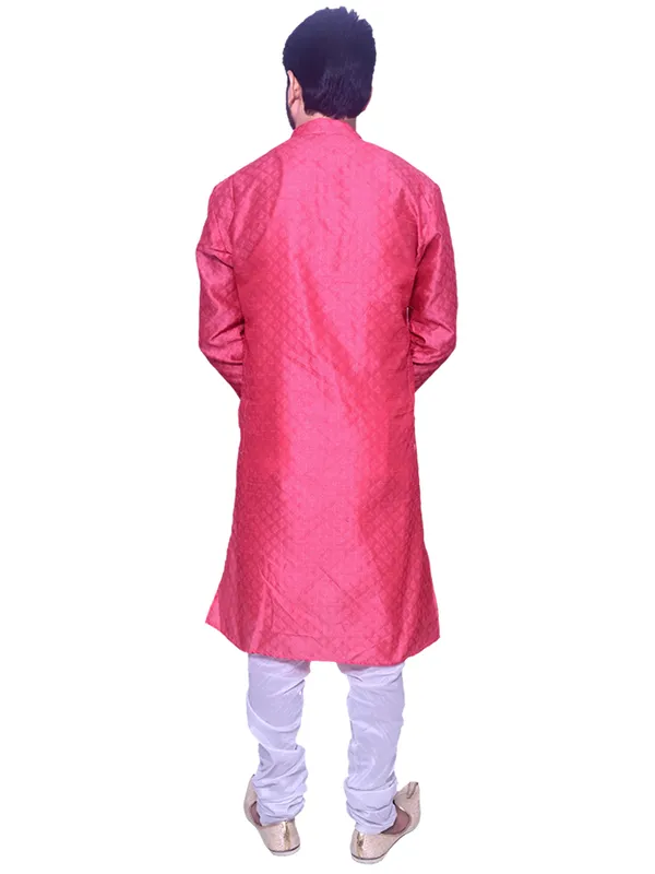Men's_Brocade_Jacquard_Pink_Kurta_White_Churidar_Pajama_Set_for_Wedding