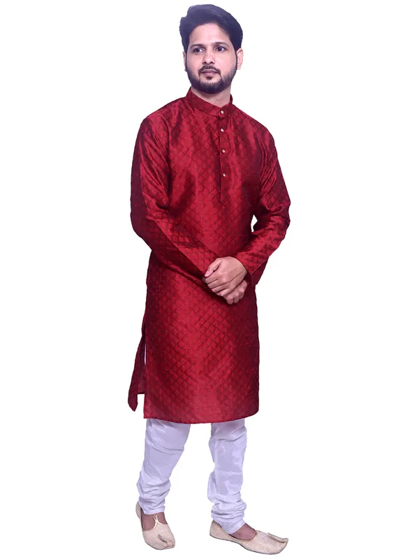 Men's_Brocade_Jacquard_Maroon_Kurta_White_Churidar_Pajama_Set_for_Wedding