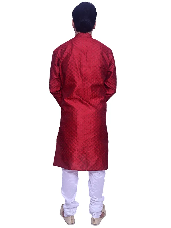 Men's_Brocade_Jacquard_Maroon_Kurta_White_Churidar_Pajama_Set_for_Wedding