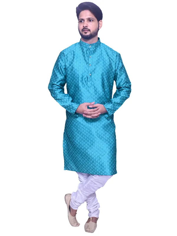 Men's_Brocade_Jacquard_Sky_Blue_Kurta_White_Churidar_Pajama_Set_for_Wedding