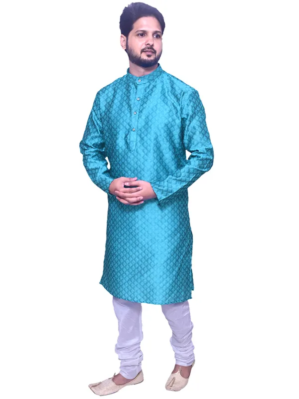 Men's_Brocade_Jacquard_Sky_Blue_Kurta_White_Churidar_Pajama_Set_for_Wedding