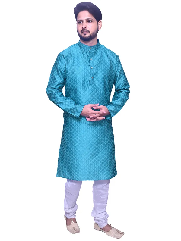 Men's_Brocade_Jacquard_Sky_Blue_Kurta_White_Churidar_Pajama_Set_for_Wedding
