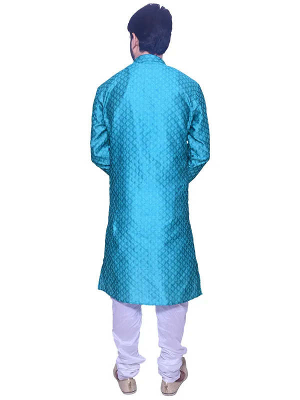 Men's_Brocade_Jacquard_Sky_Blue_Kurta_White_Churidar_Pajama_Set_for_Wedding