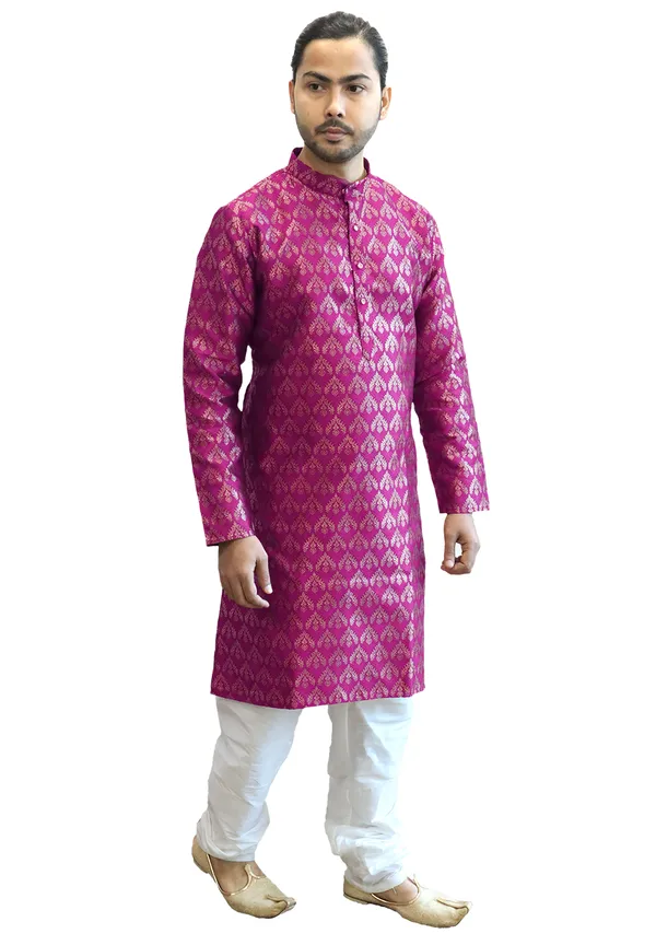 Men's_Cotton_Jacquard_Brocade_Purple_Kurta_White_Churidar_Pajama_Set