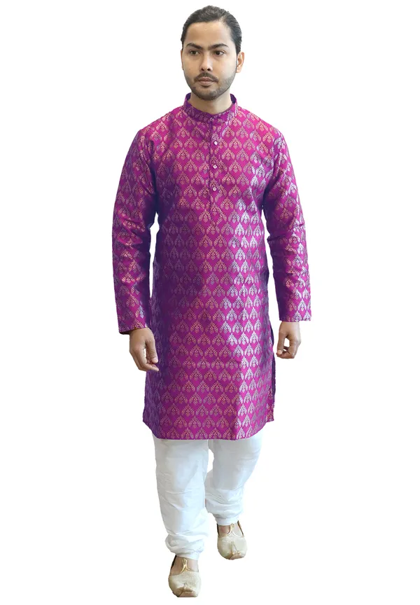 Men's_Cotton_Jacquard_Brocade_Purple_Kurta_White_Churidar_Pajama_Set