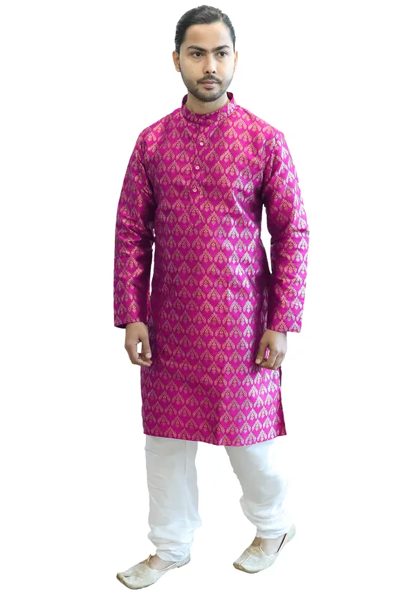 Men's_Cotton_Jacquard_Brocade_Purple_Kurta_White_Churidar_Pajama_Set