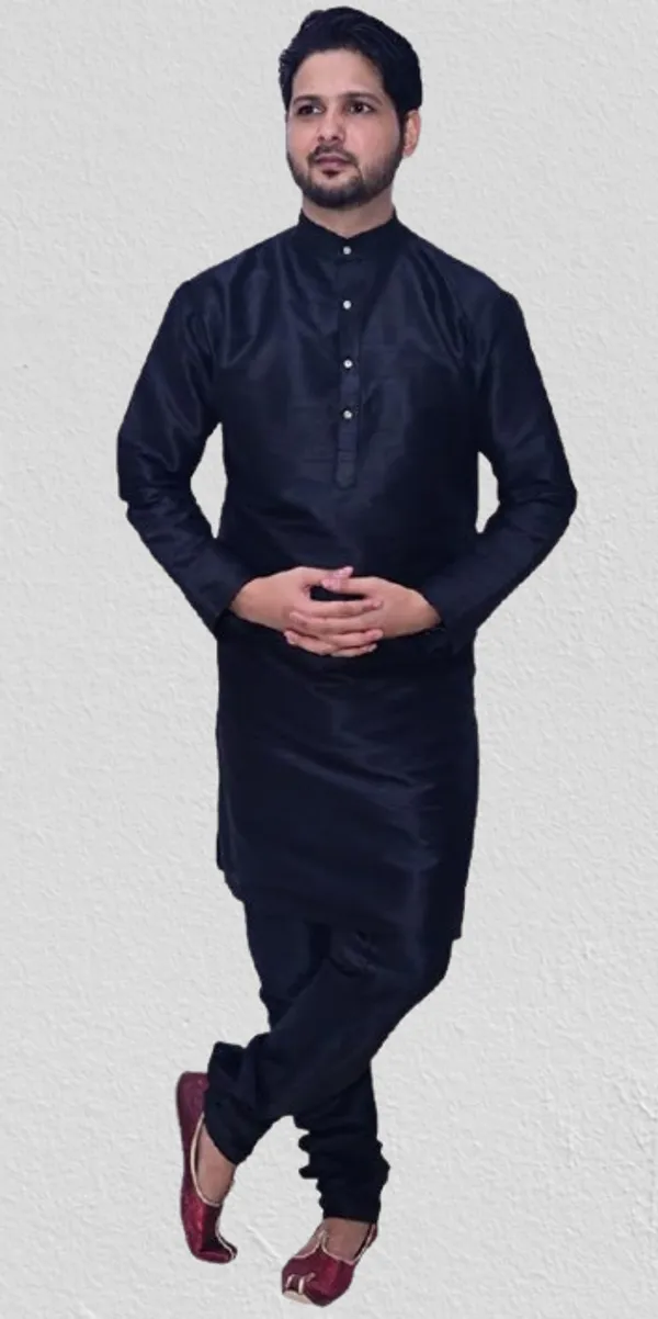 Black_Dupion_Silk_Wedding_Kurta_Churidar_Pajama__Set_Set_Party_For_Men