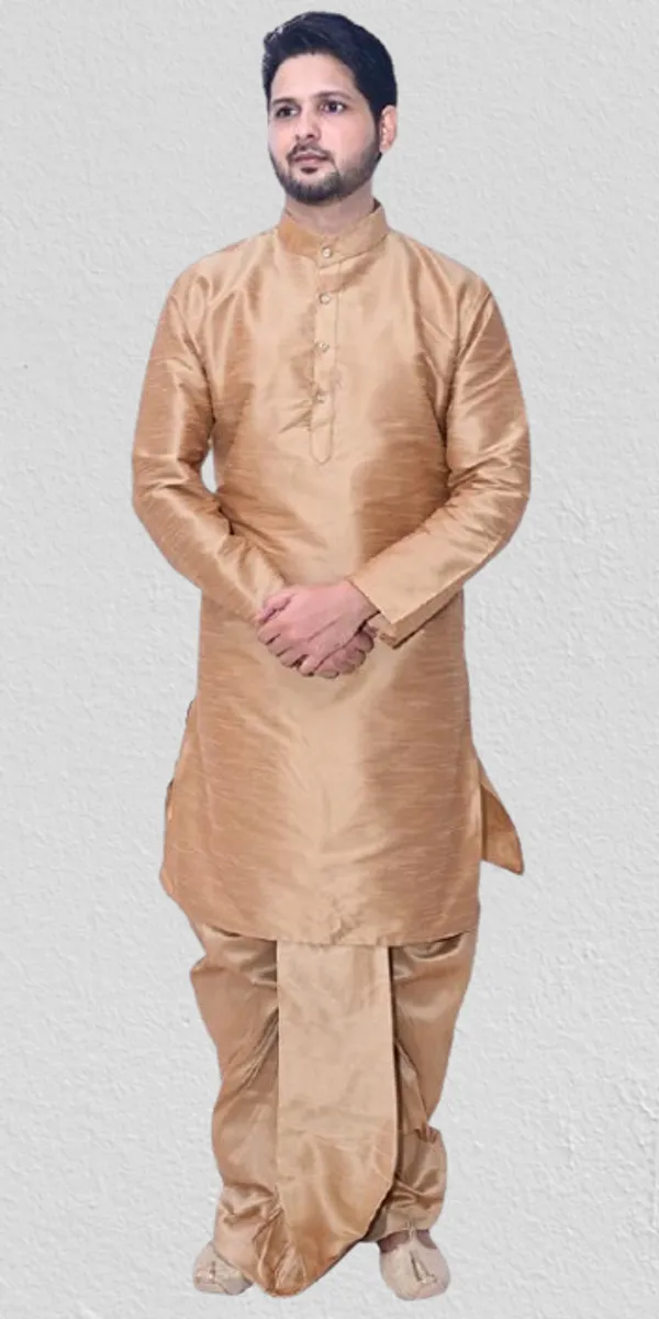 Brown_Dupion_Silk_Casual_Dhoti_Kurta_Set_For_Men