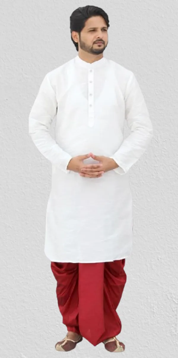 White__&__Red_Dupion_Silk_Casual_Dhoti_Kurta_Set_For_Men