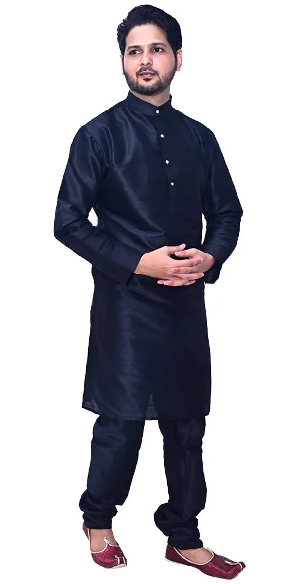 Black_Dupion_Silk_Wedding_Kurta_Churidar_Pajama__Set_Set_Party_For_Men