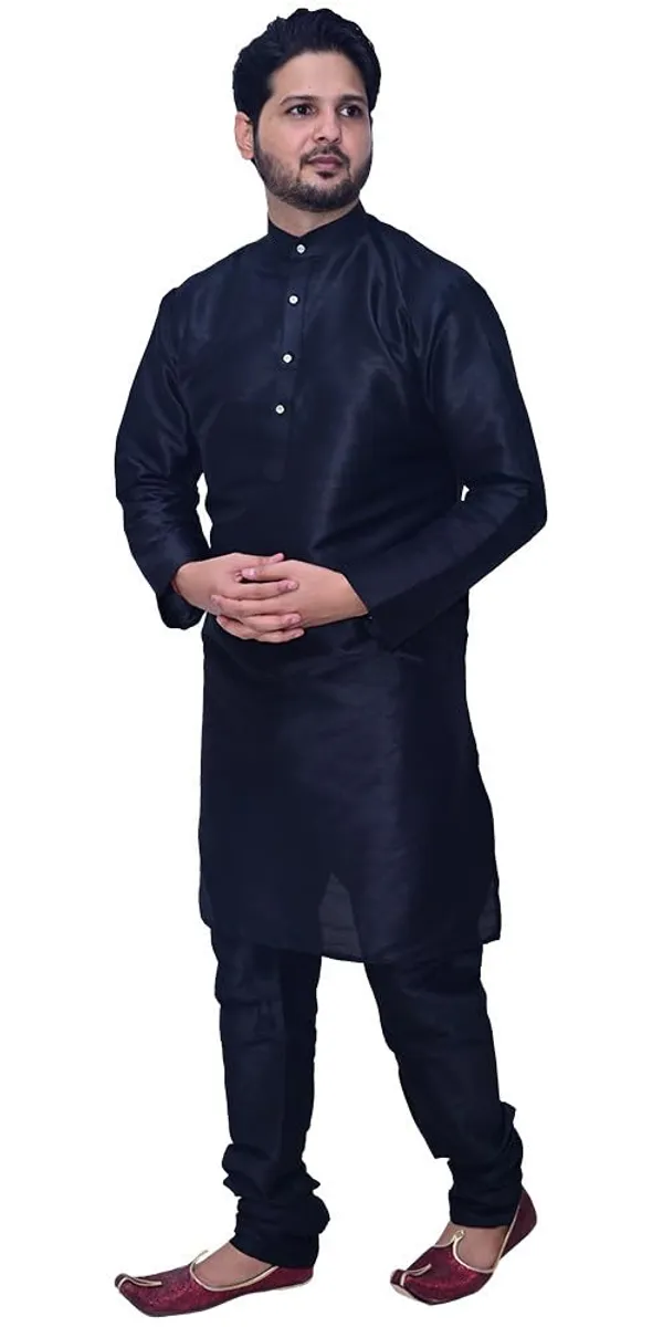 Black_Dupion_Silk_Wedding_Kurta_Churidar_Pajama__Set_Set_Party_For_Men