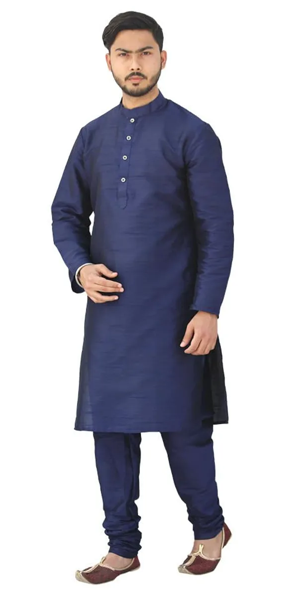 Navy_Blue_Dupion_Silk_Wedding_Kurta_Pajama_For_Men