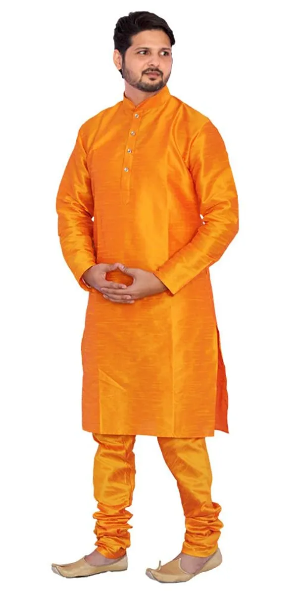 Orange_Dupion_Silk_Wedding_Kurta_Pajama_For_Men