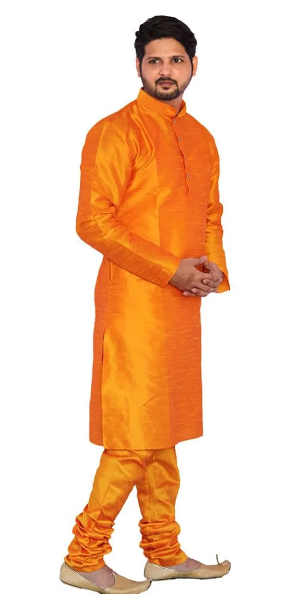 Orange_Dupion_Silk_Wedding_Kurta_Pajama_For_Men