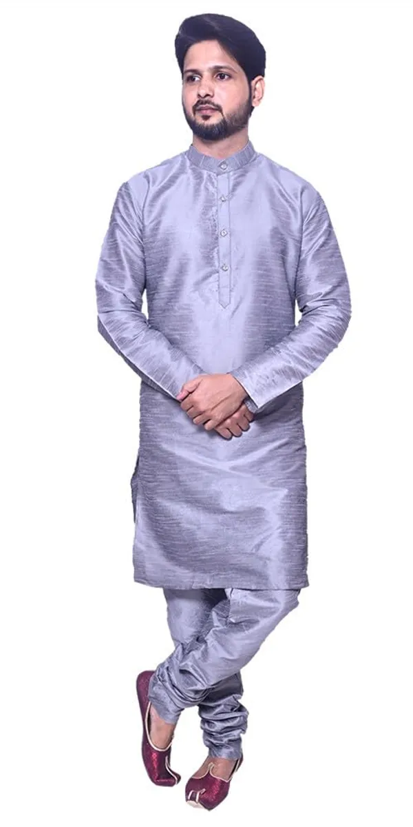 Gray_Dupion_Silk_Wedding_Kurta_Pajama_For_Men