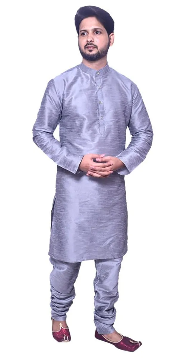 Gray_Dupion_Silk_Wedding_Kurta_Pajama_For_Men