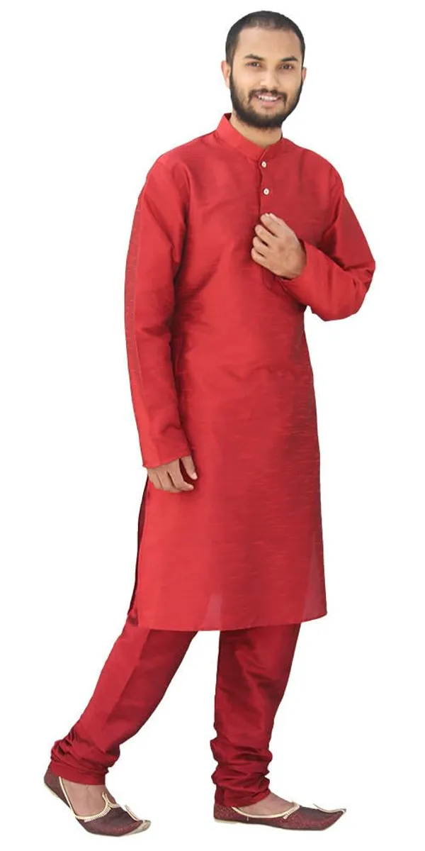 Red_Dupion_Silk_Wedding_Kurta_Pajama_For_Men