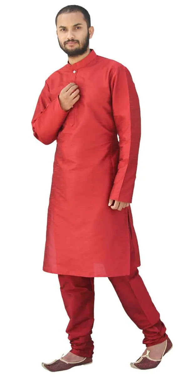 Red_Dupion_Silk_Wedding_Kurta_Pajama_For_Men