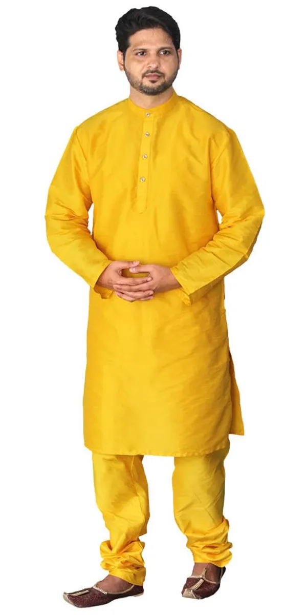 Yellow_Dupion_Silk_Wedding_Kurta_Pajama_For_Men