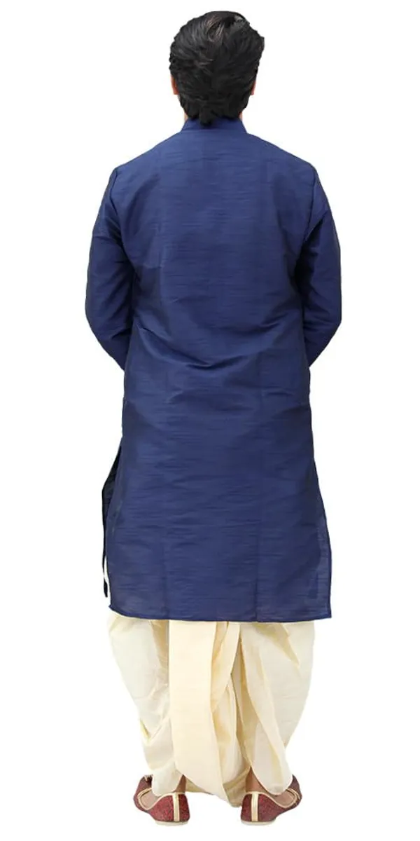 Navy_Blue__&__Golden_Dupion_Silk_Casual_Dhoti_Kurta_Set_For_Men