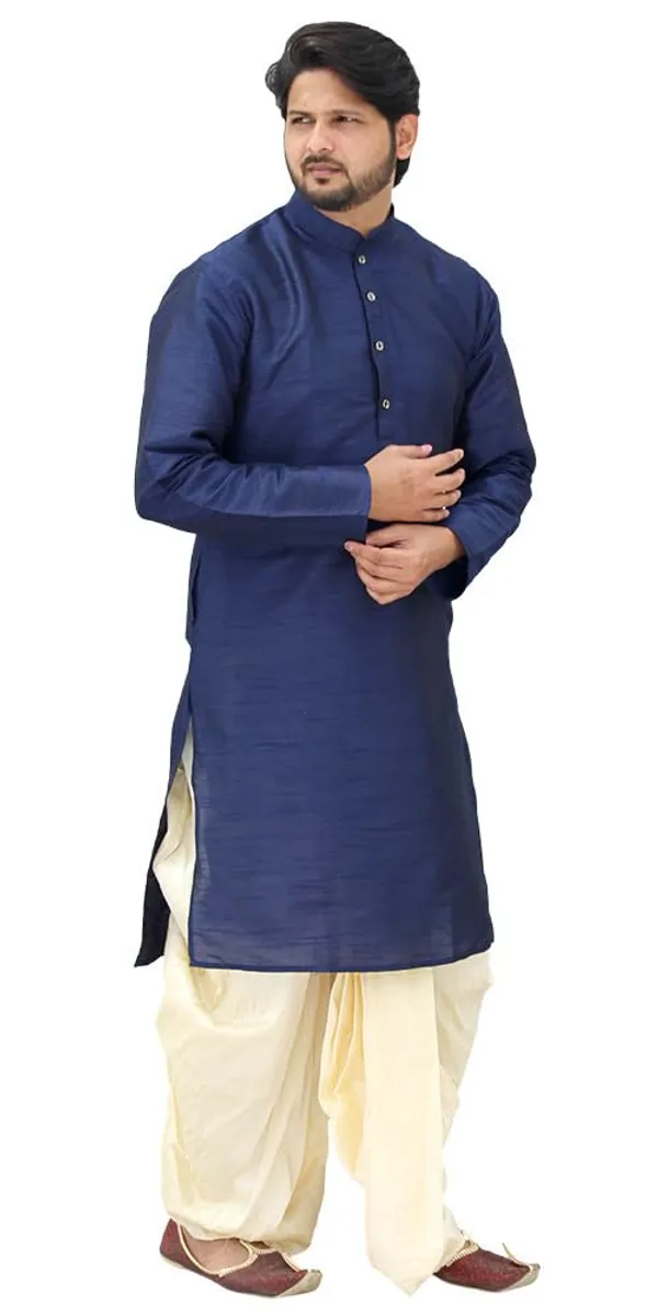Navy_Blue__&__Golden_Dupion_Silk_Casual_Dhoti_Kurta_Set_For_Men