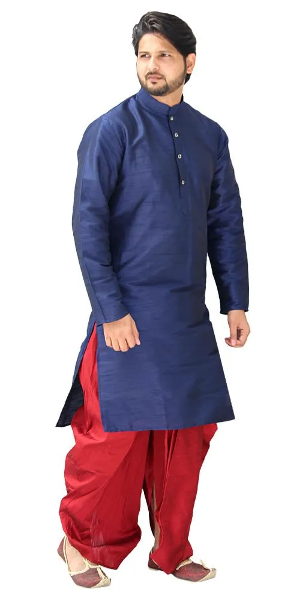 Navy_Blue__&__Red_Dupion_Silk_Casual_Dhoti_Kurta_Set_For_Men