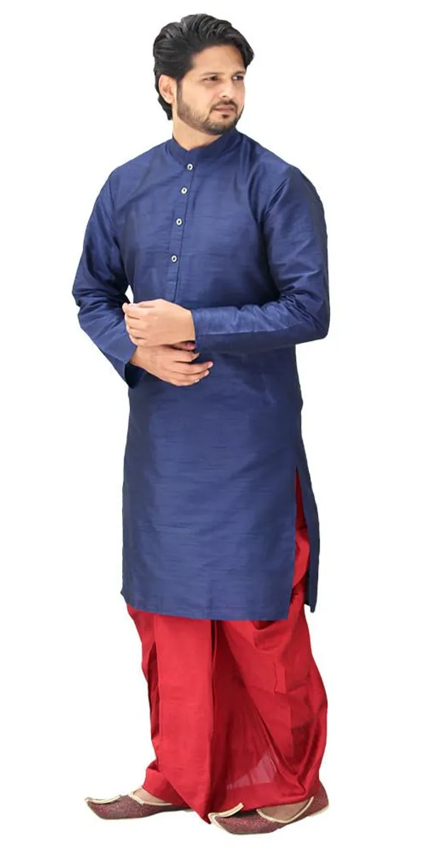 Navy_Blue__&__Red_Dupion_Silk_Casual_Dhoti_Kurta_Set_For_Men