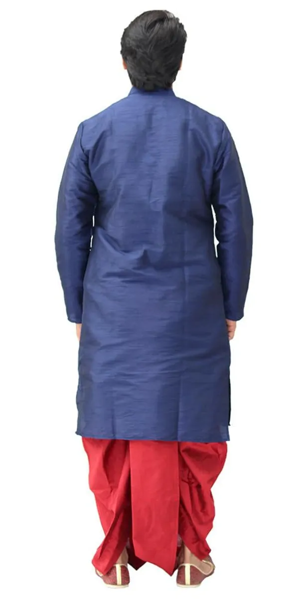 Navy_Blue__&__Red_Dupion_Silk_Casual_Dhoti_Kurta_Set_For_Men