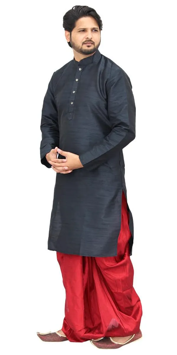 Black__&__Red_Dupion_Silk_Casual_Dhoti_Kurta_Set_For_Men