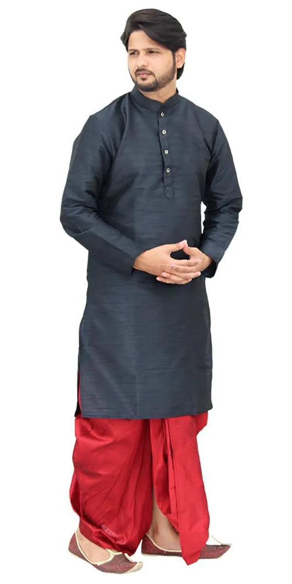 Black__&__Red_Dupion_Silk_Casual_Dhoti_Kurta_Set_For_Men